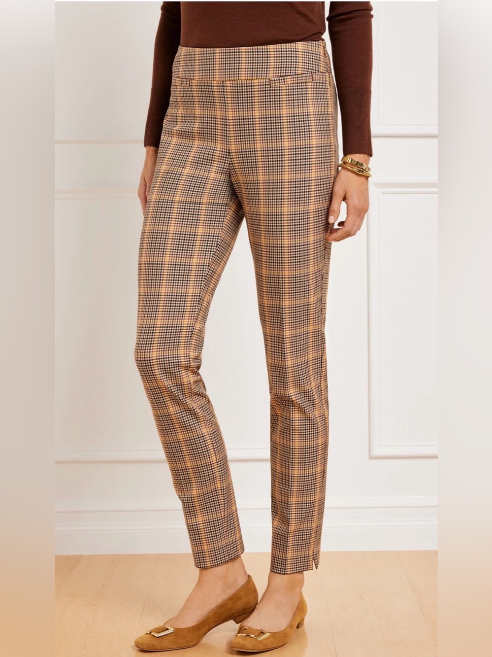 Talbots Chatham Plaid Slim Leg Ankle Pant, Brown, Tan, Black, & Yellow, 10